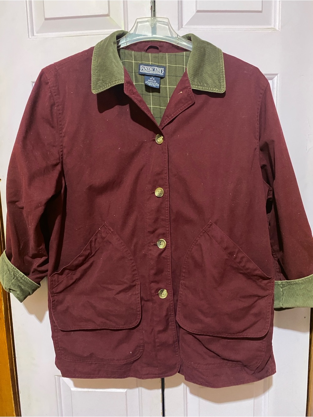 Vintage Land's End Barn Chore Coat with Olive Corduroy Collar & Cuffs
